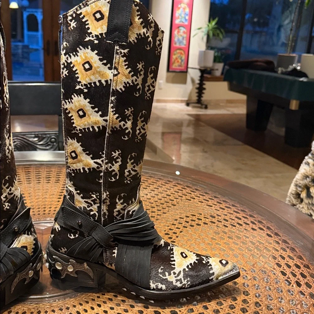 Donald J. Pliner Calf Hair Western Harness Boots Ikat Print Studded Heel - Picture 5 of 16